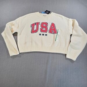 Grayson Threads Sweater Women Medium Cream USA Graphic Cropped Cotton Blend NEW